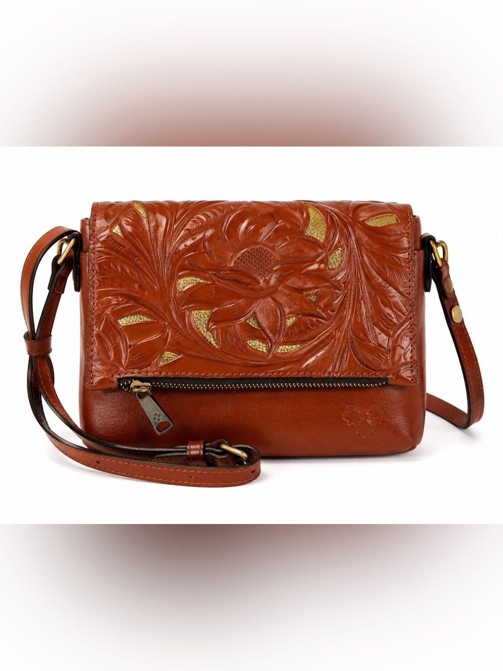 Patricia Nash Brown Leather Floral Tooled Small Crossbody Bag Gold Accent